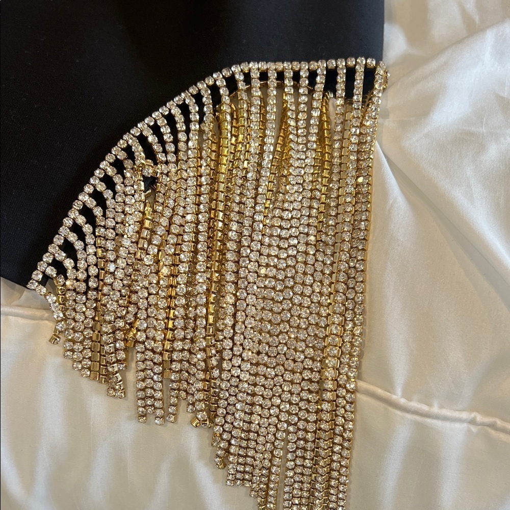 AREA Black Gold Rhinestone Fringe Mini Cocktail Dress Size 0 - Picture 4 of 11